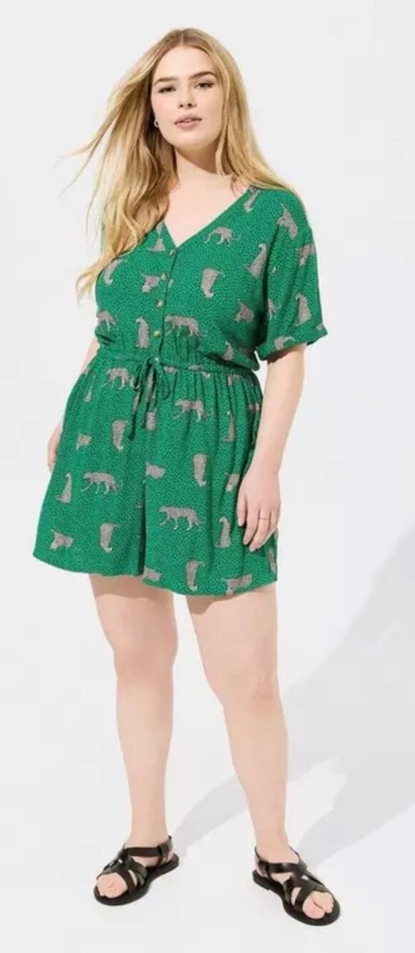 Torrid Leopard Print Rayon Slub Button Front Romper Green Black Size 1 14/16
